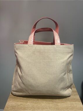 Prada Canvas Tote Bag with Pink Leather Handles